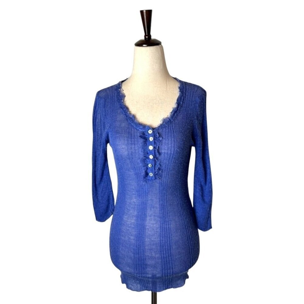 PPLA Shirt Women Small Blue Knit Linen Blend Fringe Stretch Henley Top Sheer